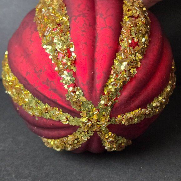 Frontgate Red Gold Glass Christmas Ornament 4" Beaded Ribbed Luxury Holiday - Picture 6 of 8